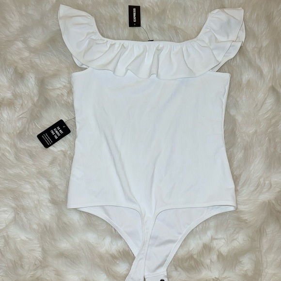 Express White Ruffle Ribbed Bodysuit - Picture 3 of 3